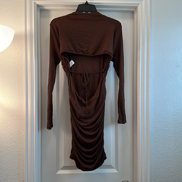 NAKED WARDROBE Ruched Long Sleeve Cutout Minidress in Chocolate XL NWOT - Picture 7 of 11